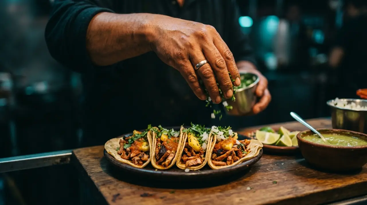 Manos del taquero poniendo cilantro y cebolla a una fila de tacos