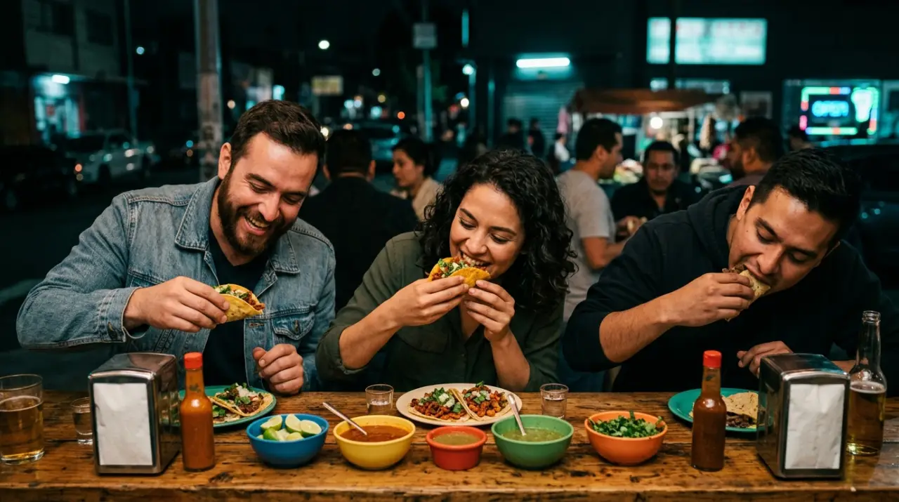 Gente comiendo tacos de pie en la barra de una taquería nocturna