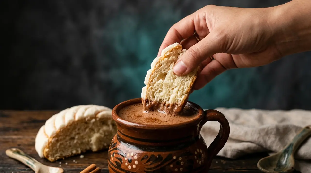 Concha abierta mostrando su miga esponjosa mojándose en chocolate caliente