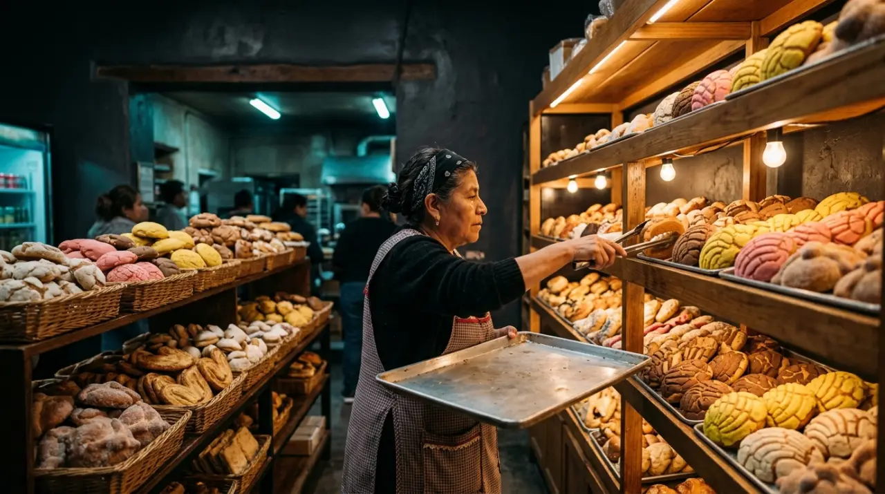 Persona eligiendo pan dulce con charola y pinzas en una panadería mexicana