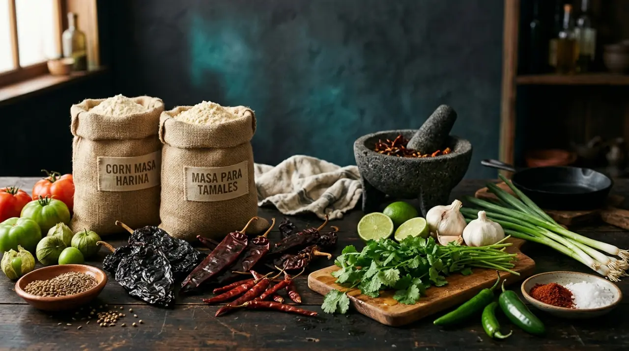 Chiles secos importados, sacos de masa de maíz e ingredientes frescos de calidad
