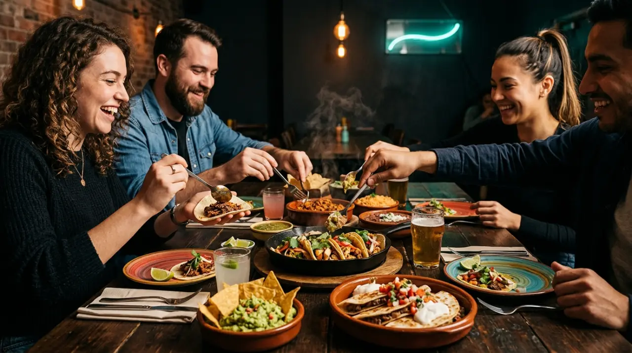 Amigos compartiendo platos al centro de la mesa