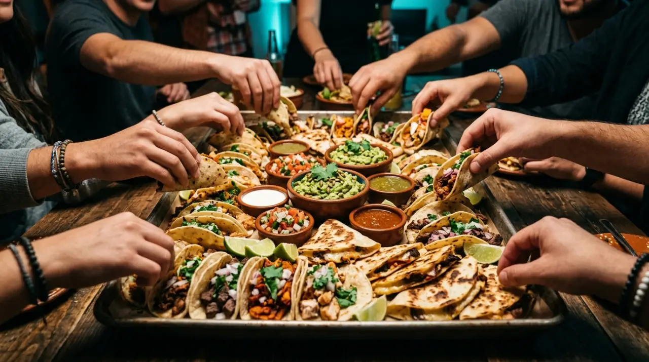 Bandeja grande de tacos, quesadillas y guacamole compartida por un grupo