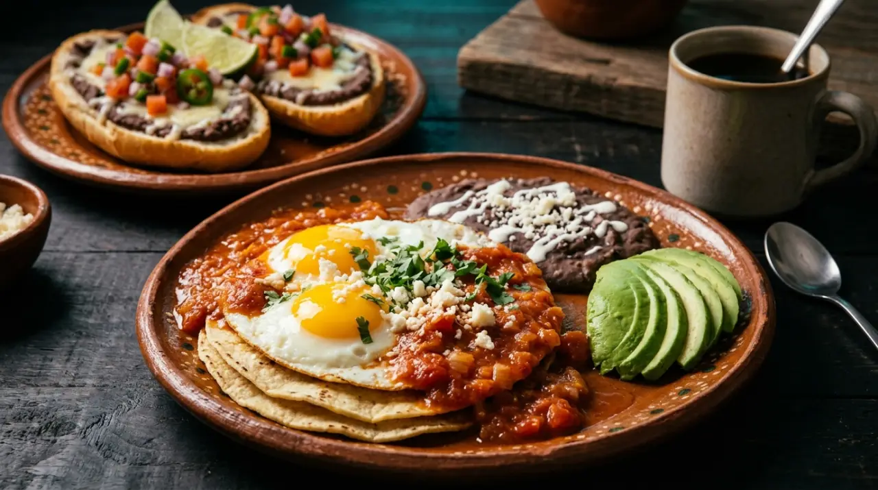 Huevos rancheros sobre tortilla con salsa ranchera, frijoles refritos y molletes