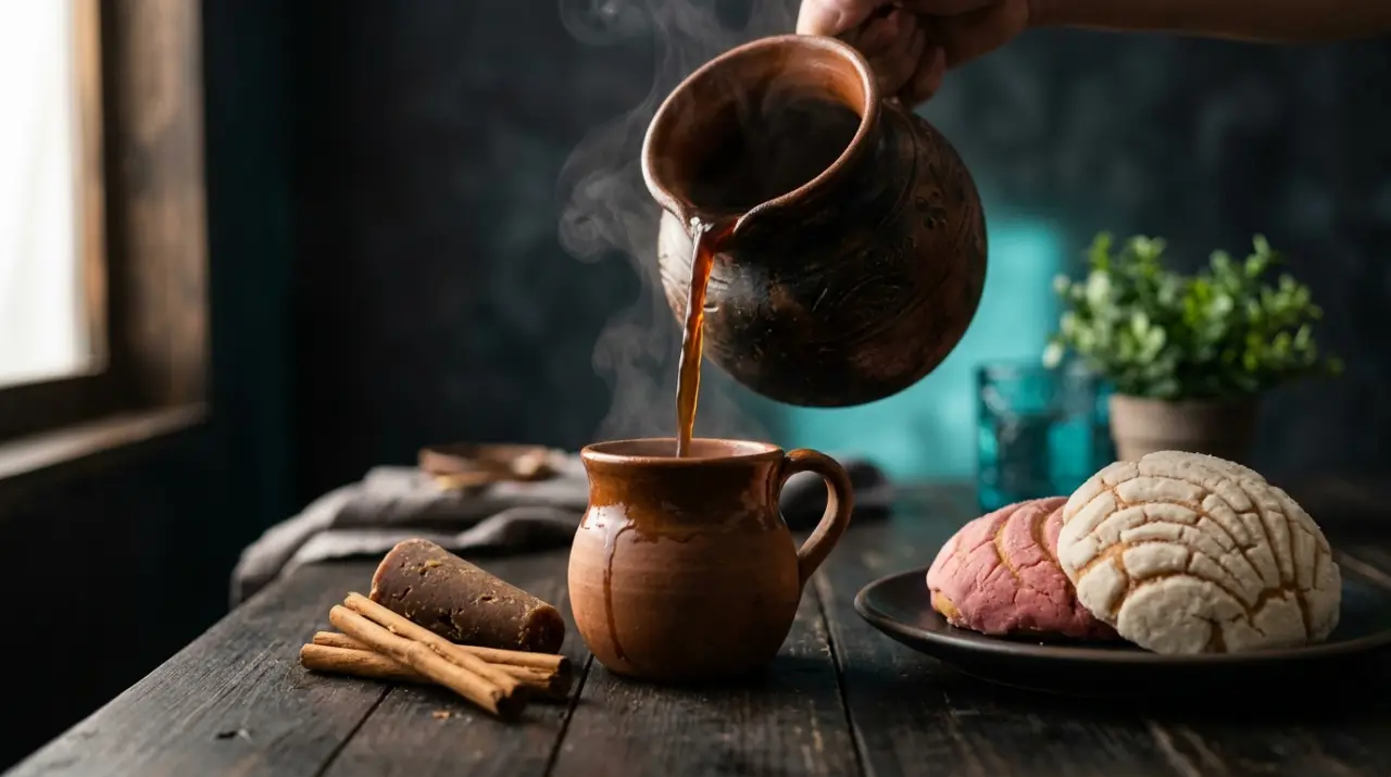 Café de olla servido desde una olla de barro con canela, piloncillo y conchas