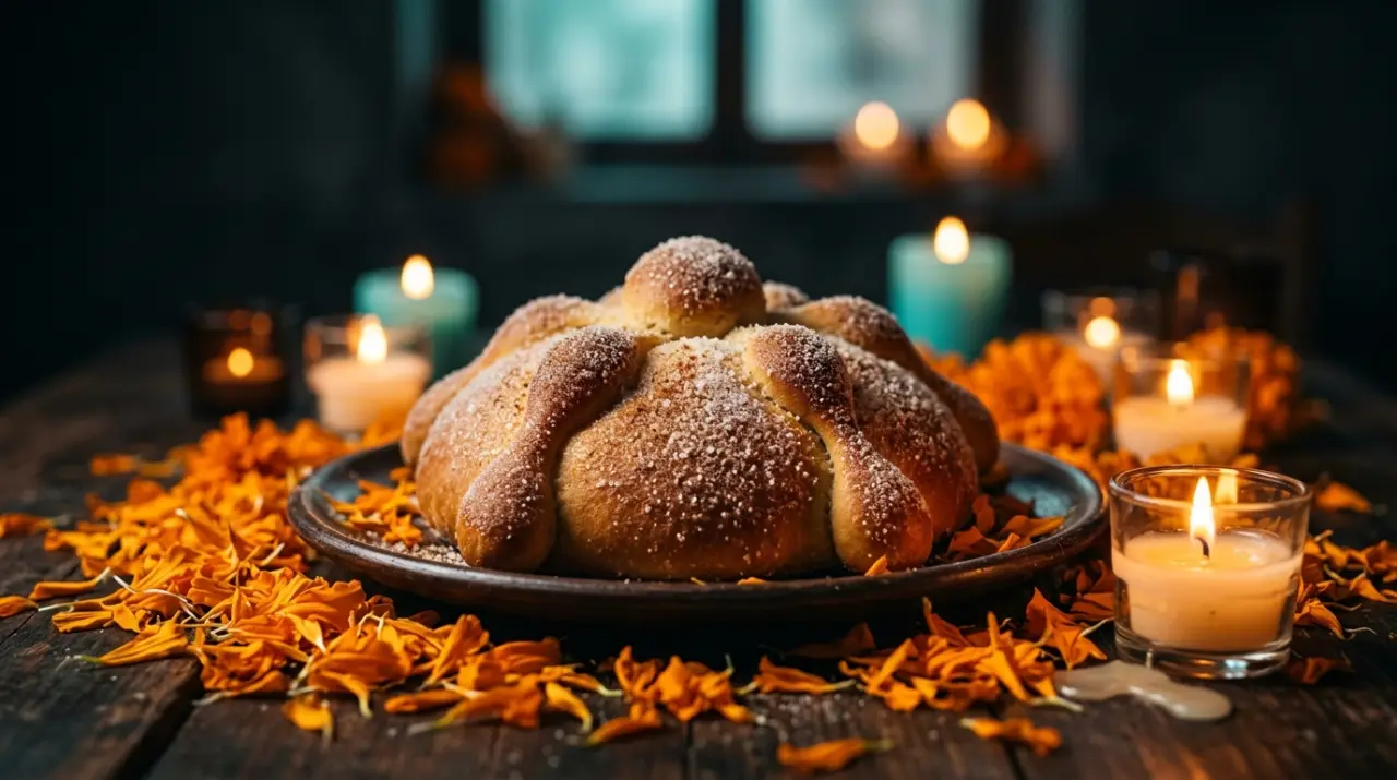 Pan de muerto espolvoreado con azúcar entre pétalos de cempasúchil y velas