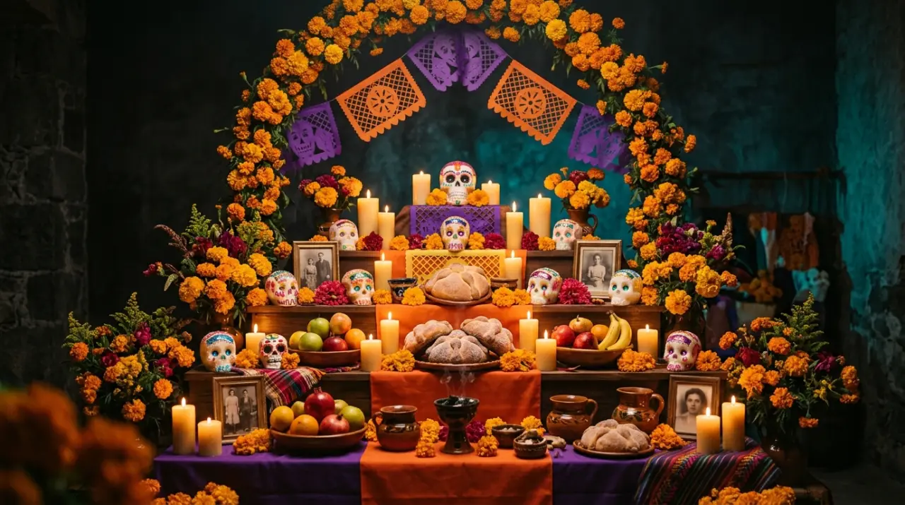 Altar de muertos de varios niveles con arco de cempasúchil, velas y calaveritas