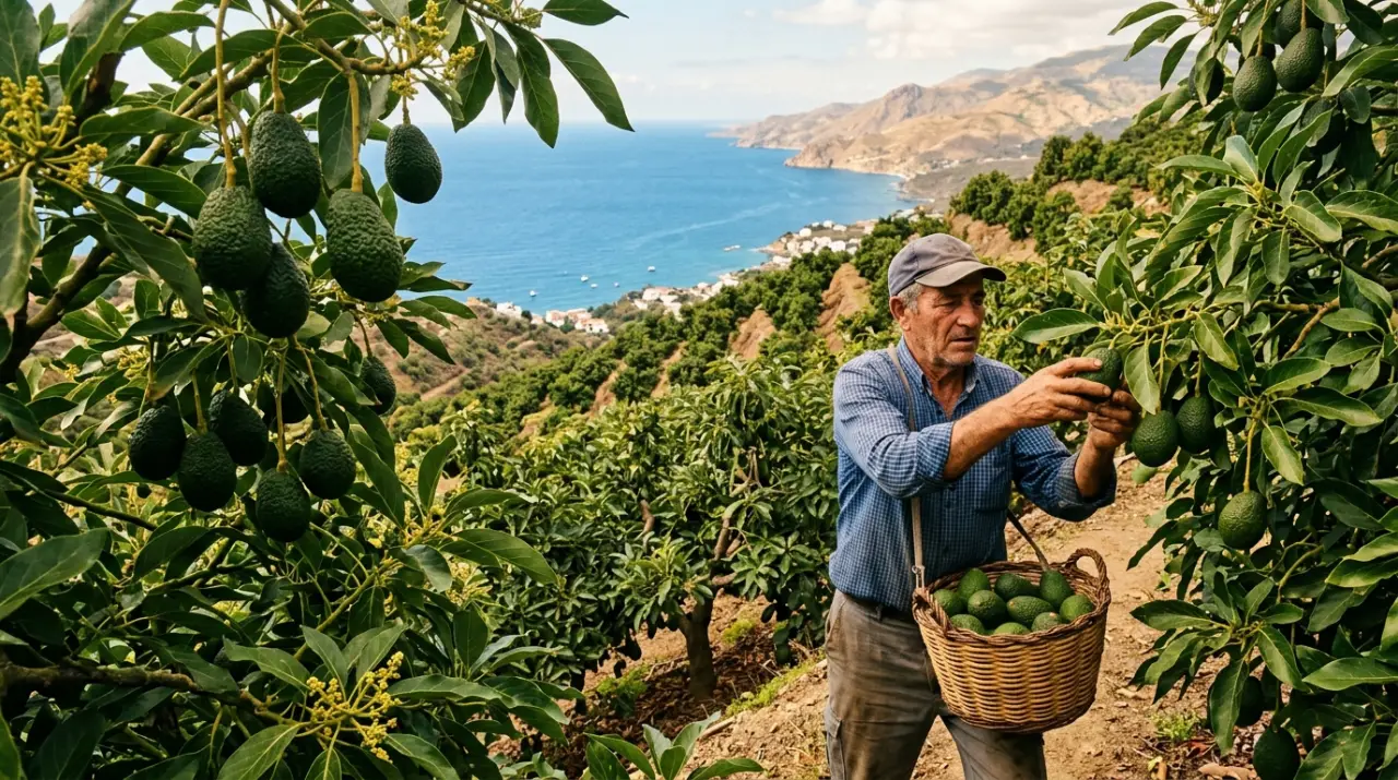 Huerta de aguacates en ladera mediterránea de Málaga con el mar al fondo