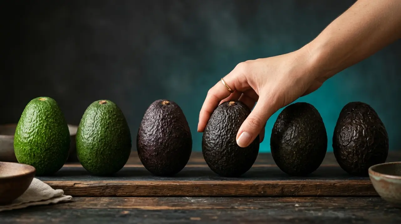 Mano comprobando la madurez de un aguacate con aguacates en distintos puntos