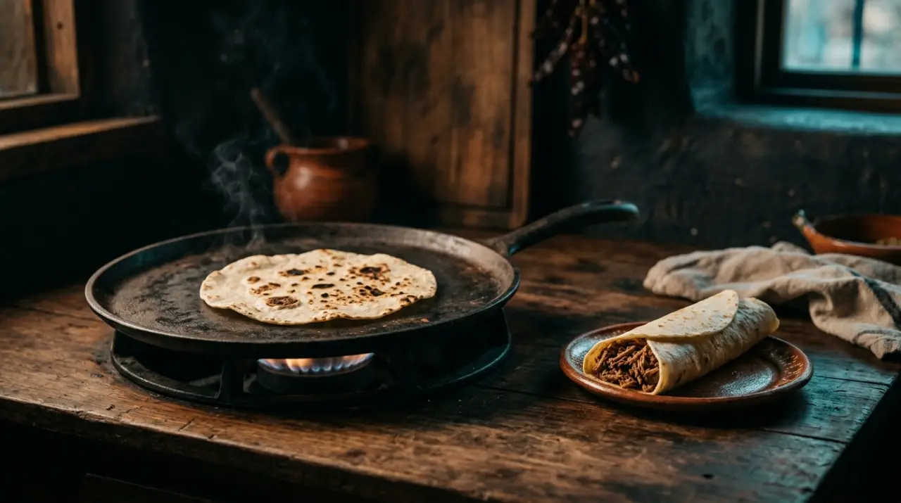 Burrito norteño sencillo de machaca con tortillas de harina en cocina rústica