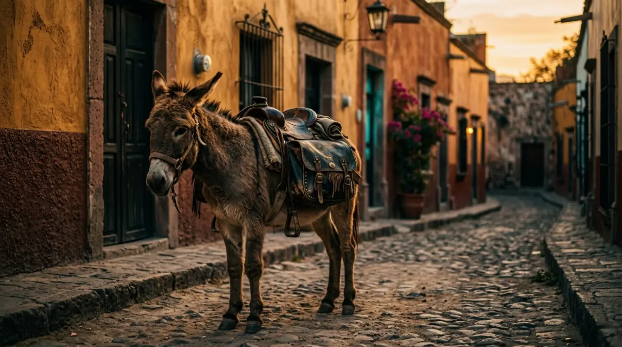 Burrito con alforjas de cuero en una calle mexicana antigua al atardecer