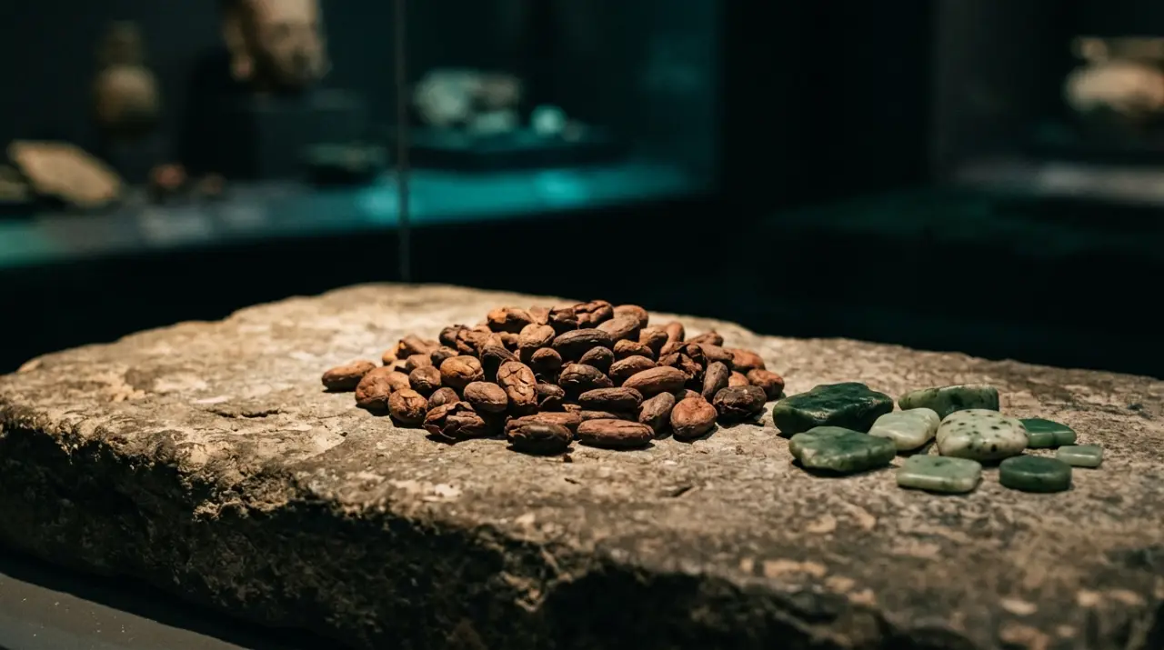 Granos de cacao apilados como moneda junto a piezas de jade sobre piedra