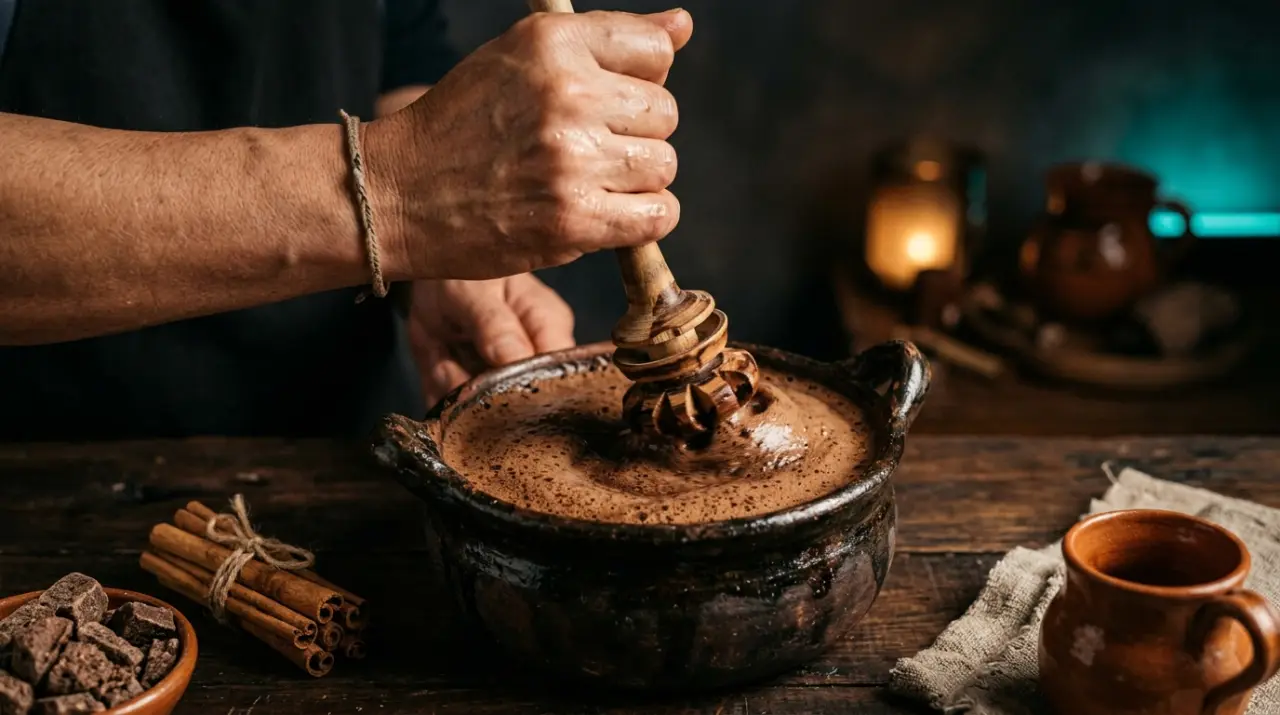 Chocolate caliente batiéndose con molinillo de madera en olla de barro