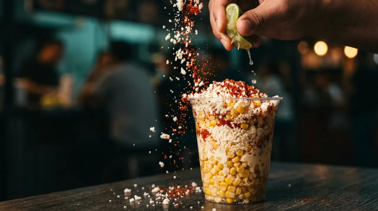 Vaso de esquites recibiendo mayonesa, queso cotija, chile en polvo y limón