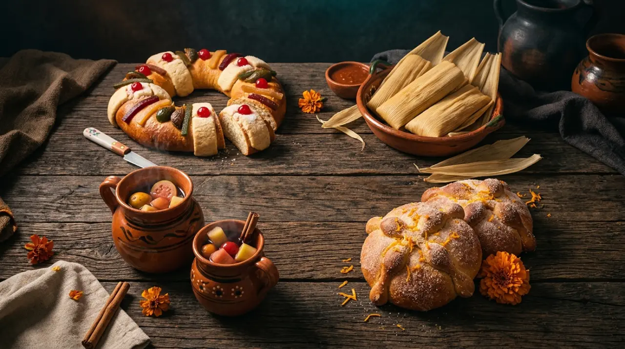 Rosca de reyes, tamales, pan de muerto y ponche dispuestos en círculo como calendario
