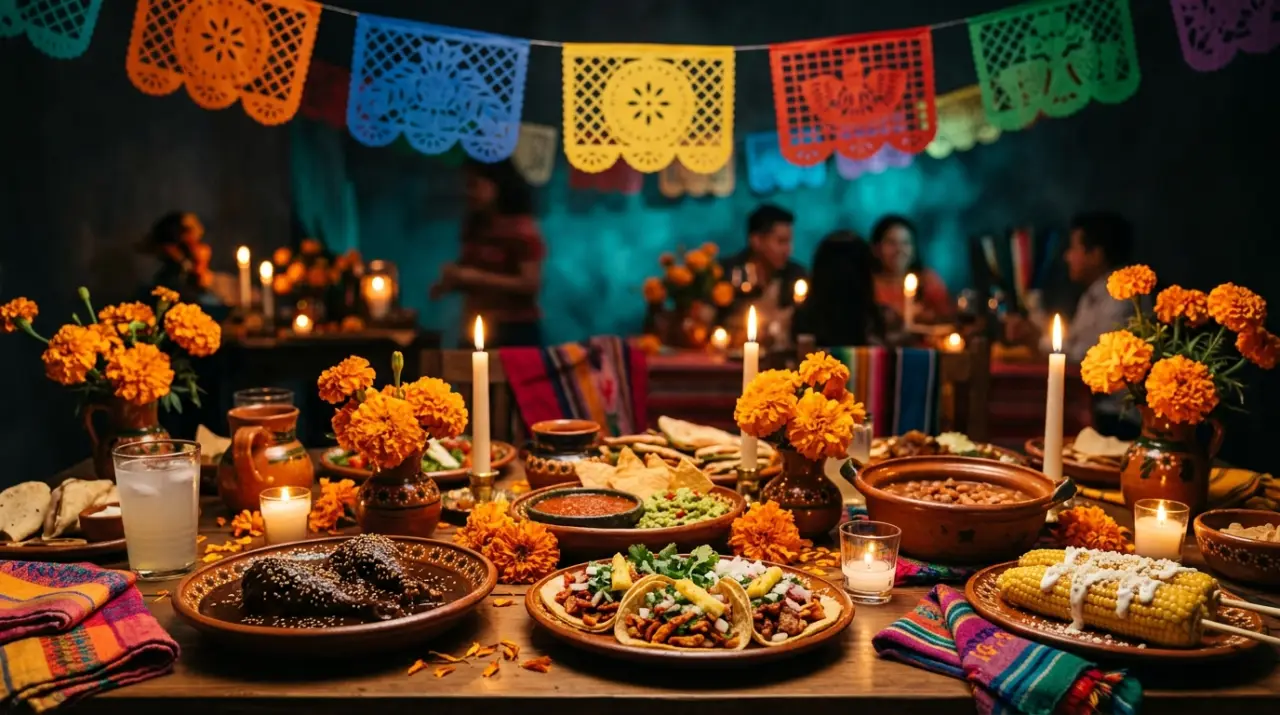Mesa festiva con papel picado de colores, flores de cempasúchil y velas encendidas