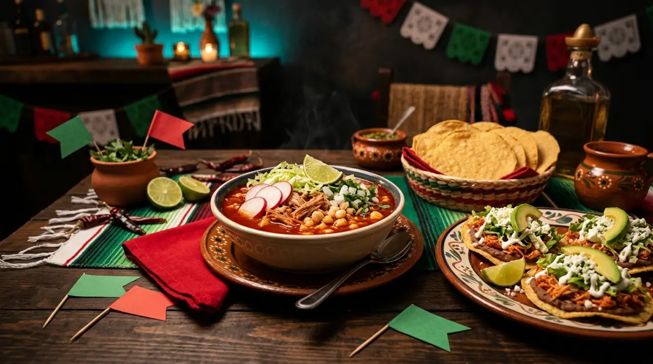 Mesa patria con pozole rojo, tostadas y decoración verde, blanca y roja