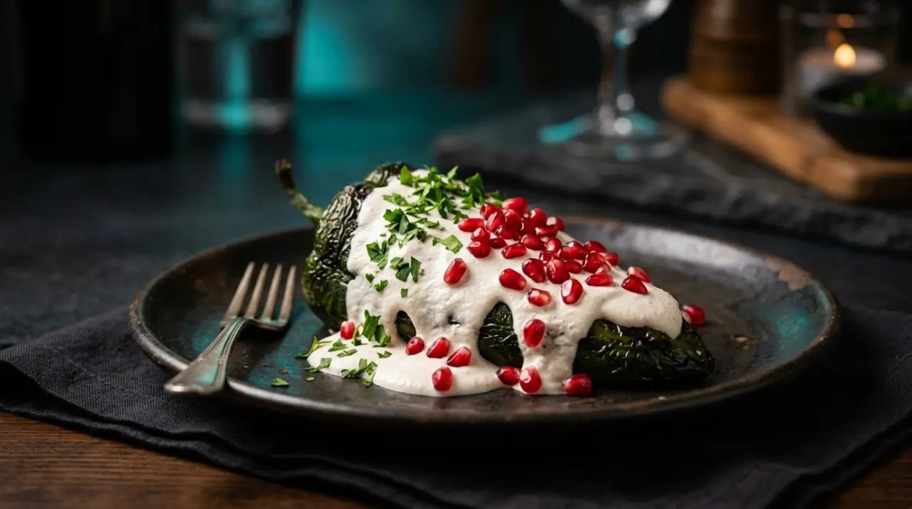 Chile en nogada con crema de nuez blanca, granada roja y perejil verde