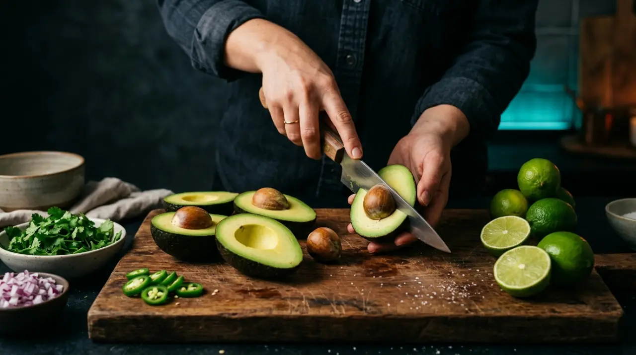 Manos cortando aguacates maduros junto a limones, chiles y cilantro