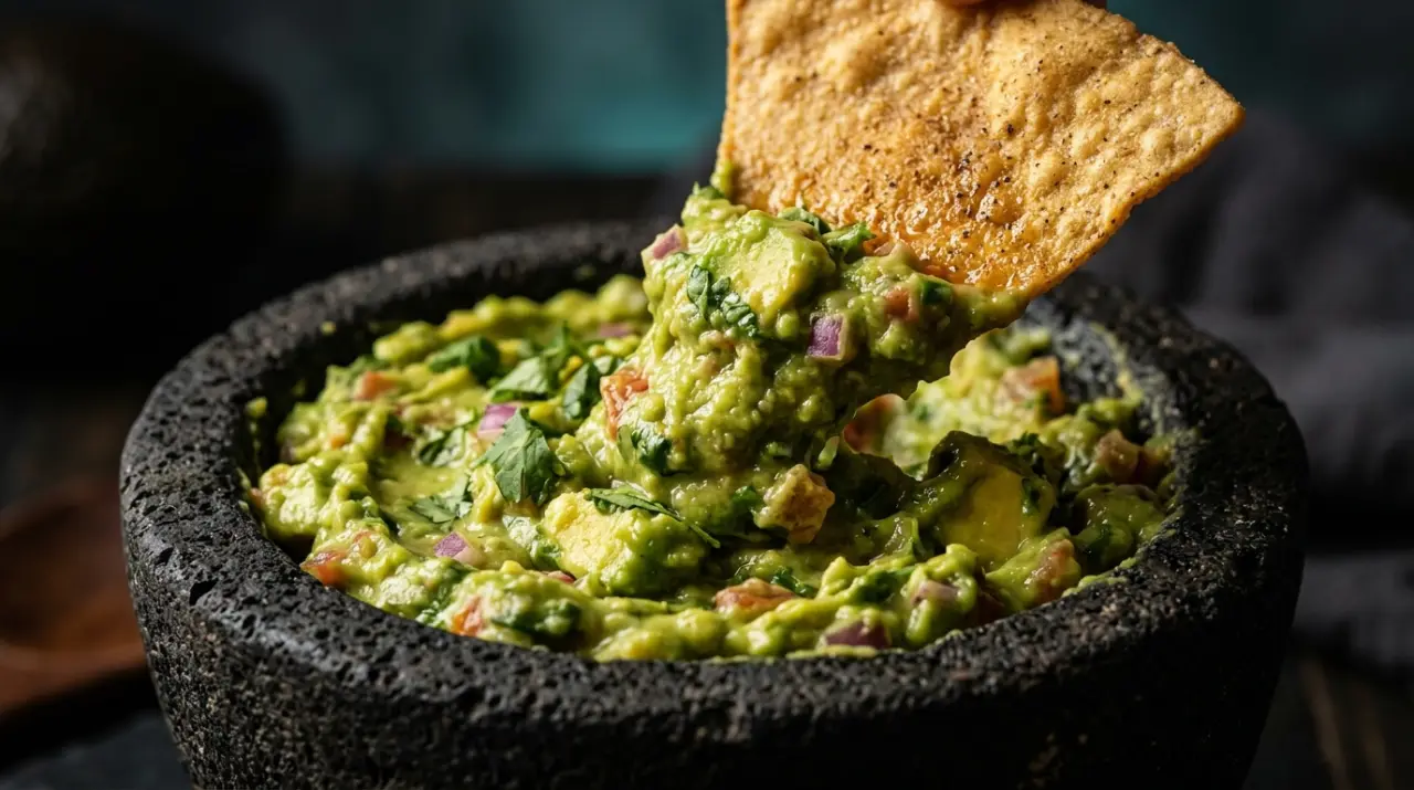 Totopo sacando guacamole con trozos visibles de aguacate de un molcajete