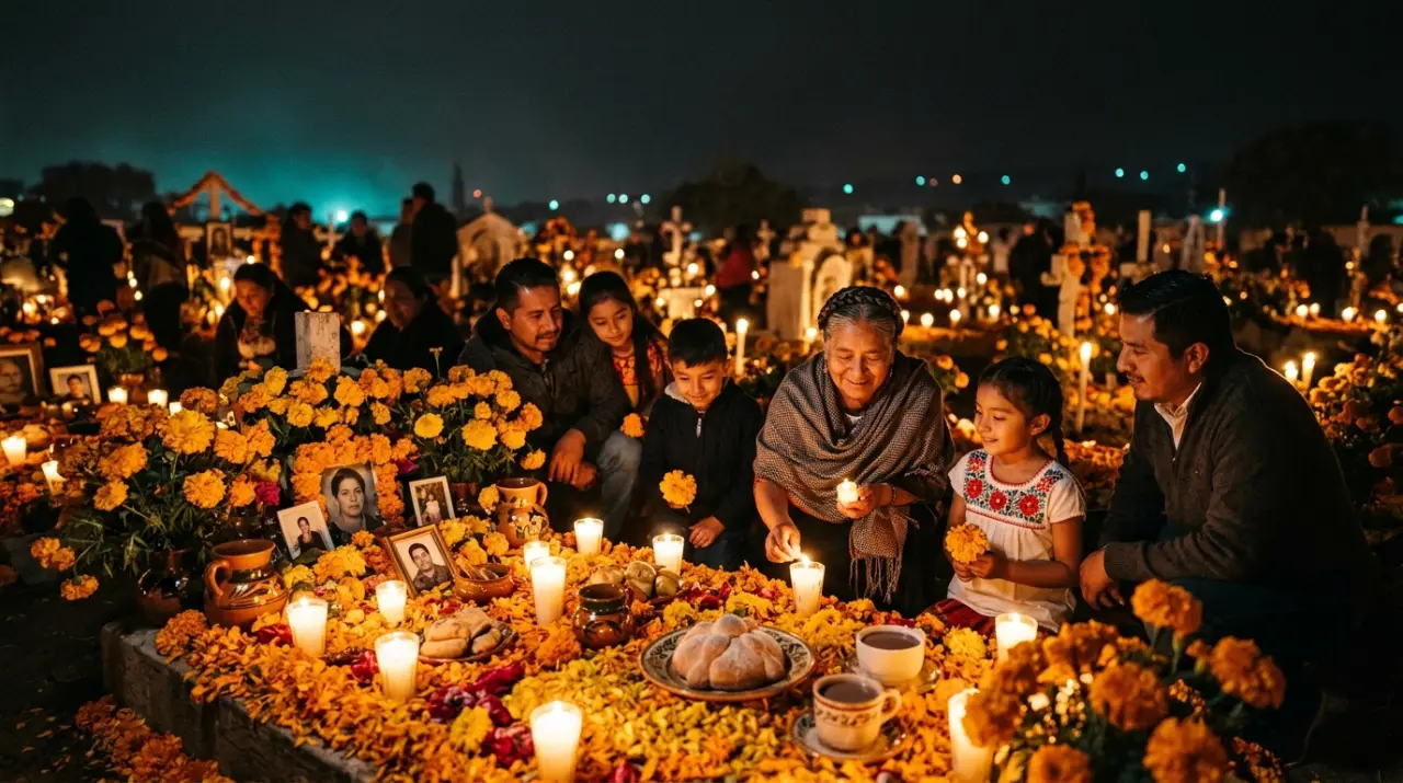 Velación nocturna de Día de Muertos con velas y pétalos de cempasúchil