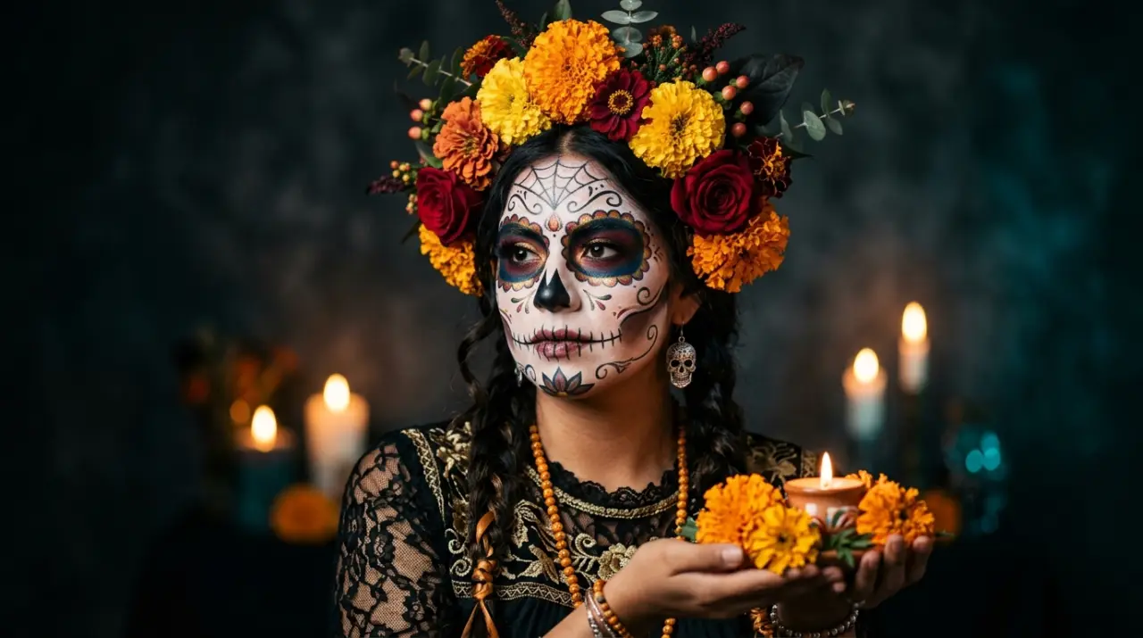 Retrato de mujer con maquillaje de catrina y corona de cempasúchil