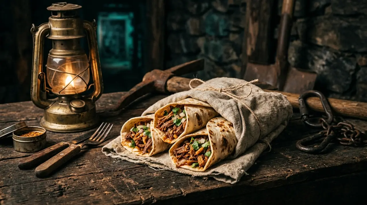Tacos de mineros envueltos en tela junto a herramientas antiguas y lámpara de aceite