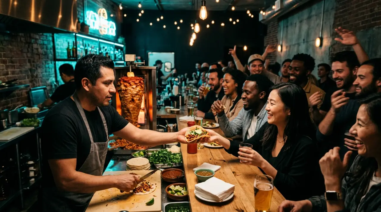 Taquero sirviendo tacos a una clientela diversa en una taquería moderna