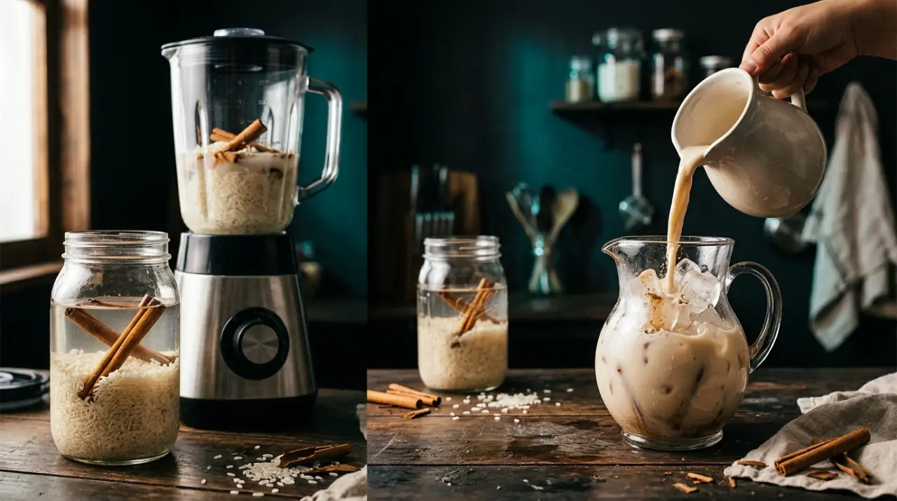 Preparación de horchata mexicana: arroz y canela remojándose y jarra con hielo
