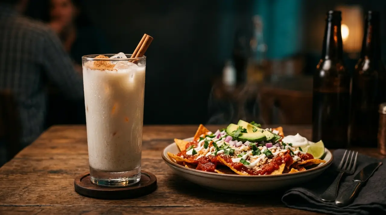 Vaso de horchata mexicana helada junto a un plato de chilaquiles picantes