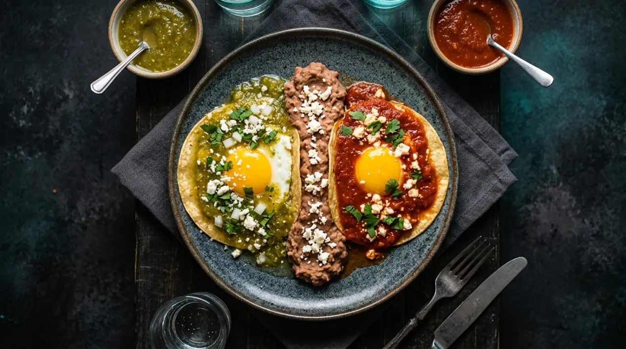 Huevos divorciados: uno con salsa verde y otro con roja separados por frijoles
