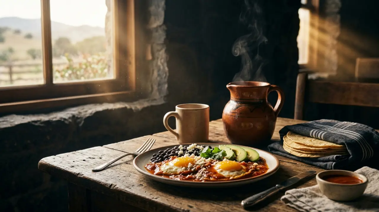 Mesa de rancho con huevos rancheros, café de olla y tortillas al sol de la mañana