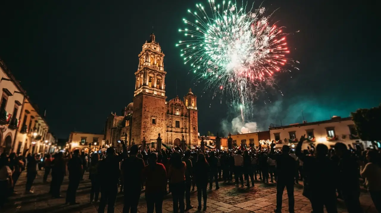 Campanario con fuegos artificiales verde, blanco y rojo la noche del Grito