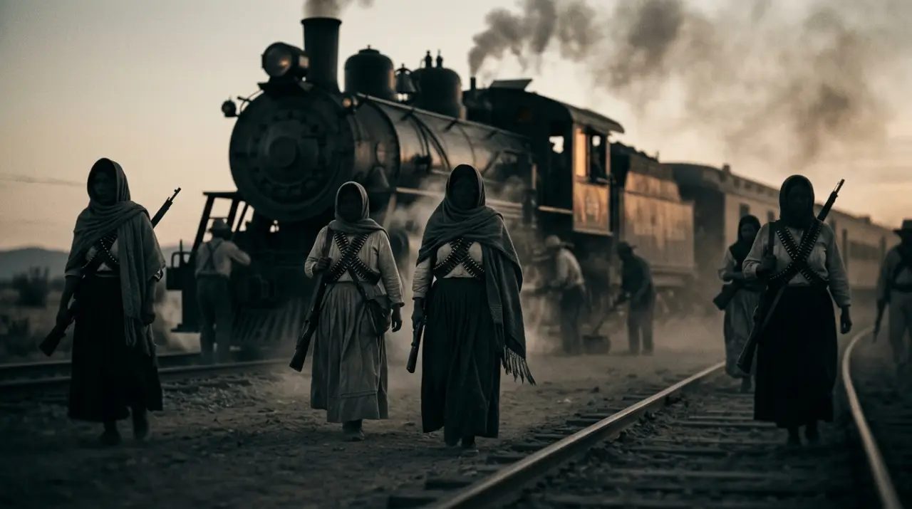 Tren de vapor de época revolucionaria con siluetas de soldaderas