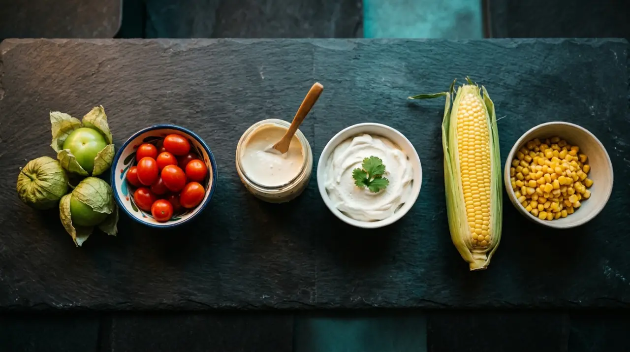 Comparativa de ingredientes: tomatillos con cáscara junto a tomates rojos y crema junto a nata
