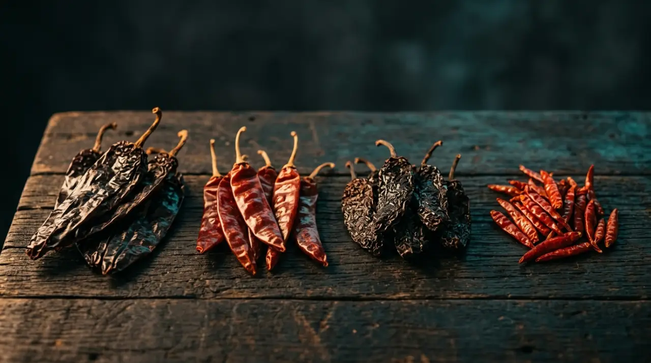 Colección de chiles secos mexicanos ordenados por tipo: ancho, guajillo, chipotle y de árbol