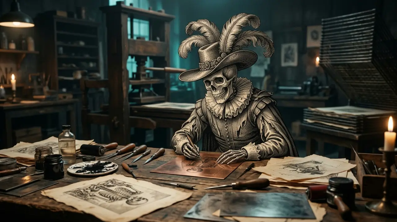 Figura esquelética con sombrero de plumas al estilo grabado de principios del siglo XX