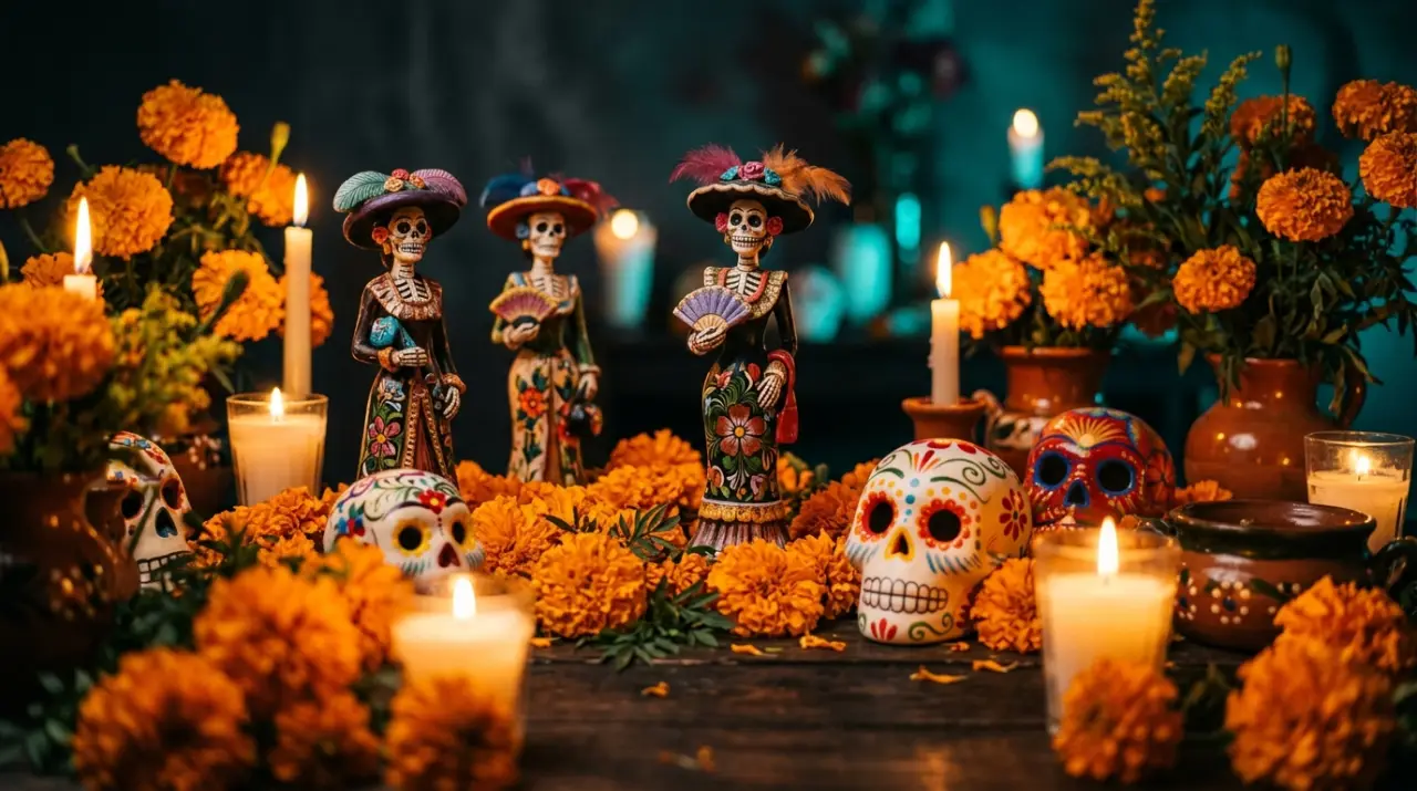 Figuras de catrinas artesanales entre flores de cempasúchil y velas