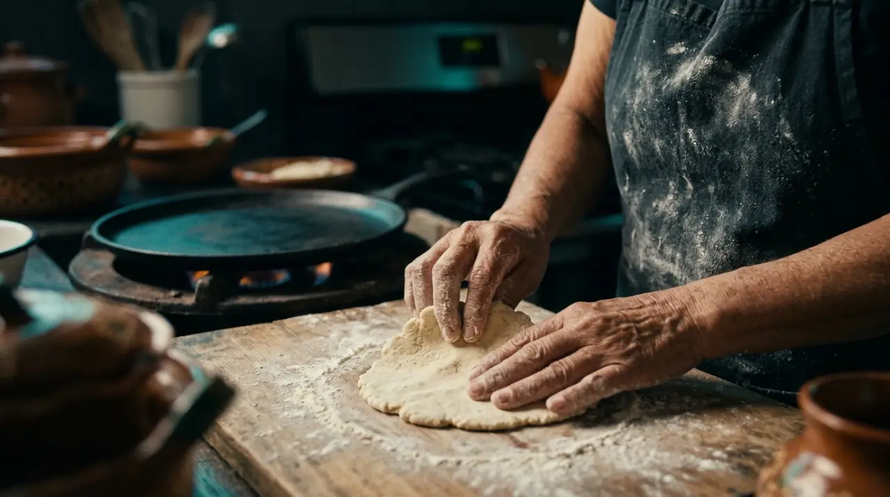 Manos de abuela torteando tortillas al tacto junto al comal