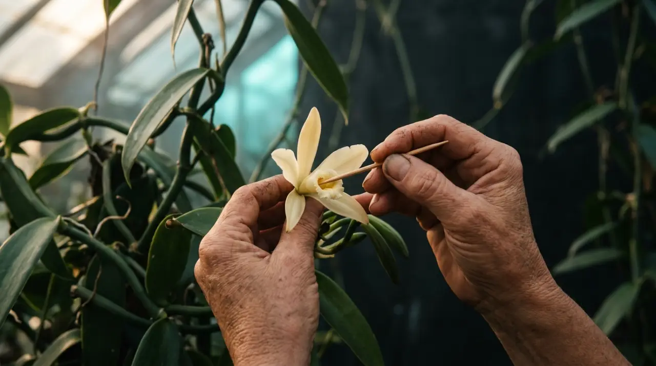 Manos polinizando a mano una flor de orquídea de vainilla