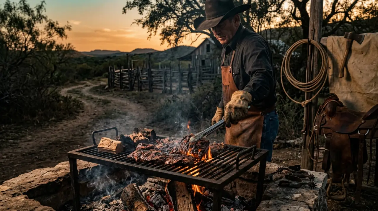 Arrachera asándose al fuego abierto en ambiente de rancho texano-mexicano