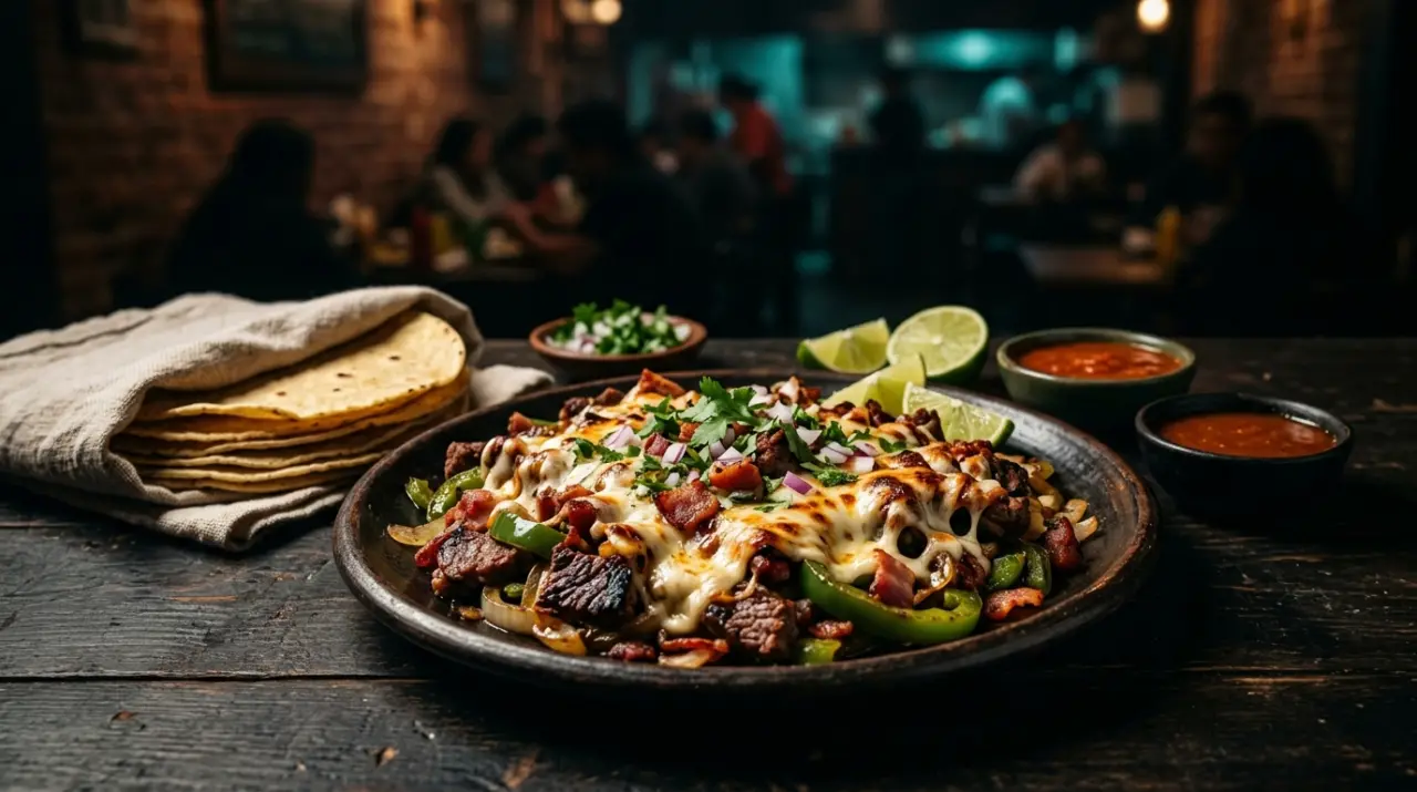 Alambre mexicano con res, tocino, pimientos y queso fundido con tortillas de maíz