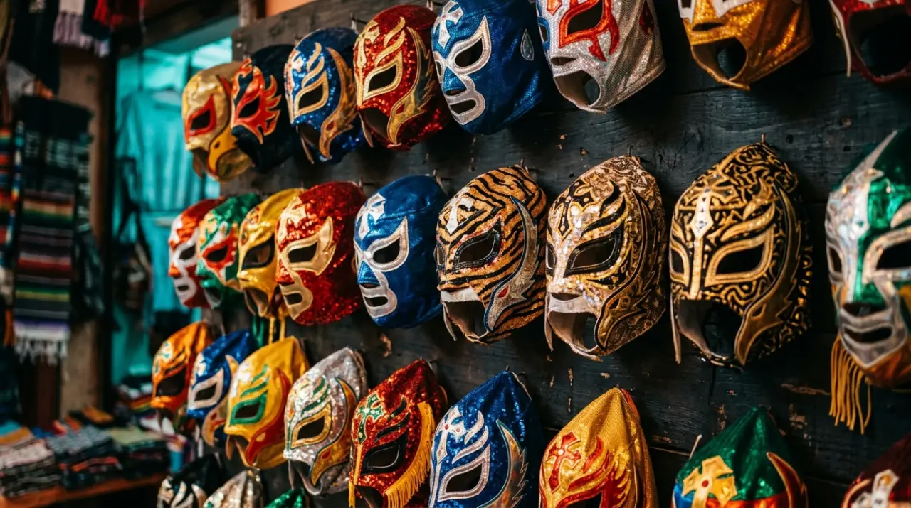 Pared de máscaras de lucha libre de colores con lentejuelas en un puesto de mercado