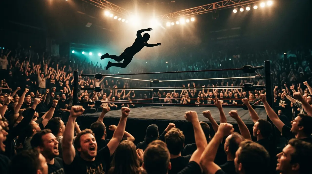 Luchador volando desde las cuerdas a contraluz ante el público