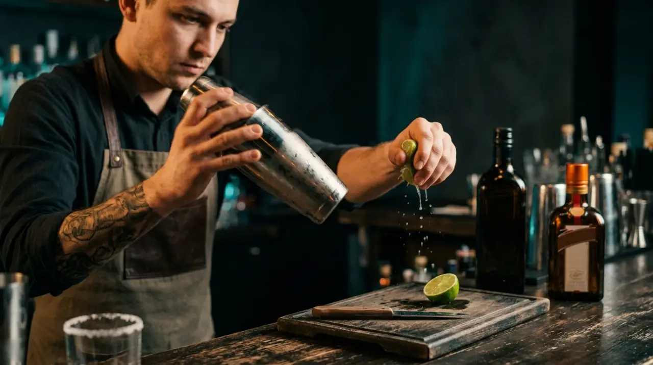 Bartender agitando coctelera con hielo junto a botellas de tequila y licor de naranja