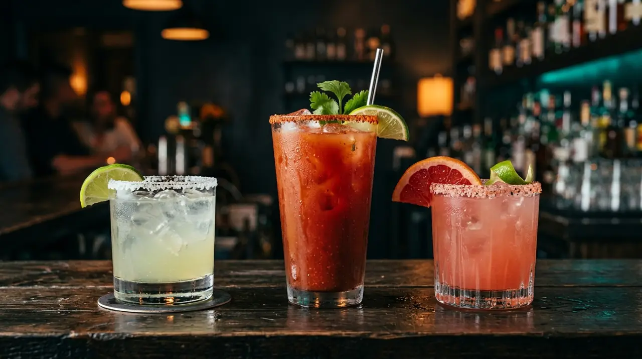 Margarita, michelada y paloma alineadas en una barra oscura