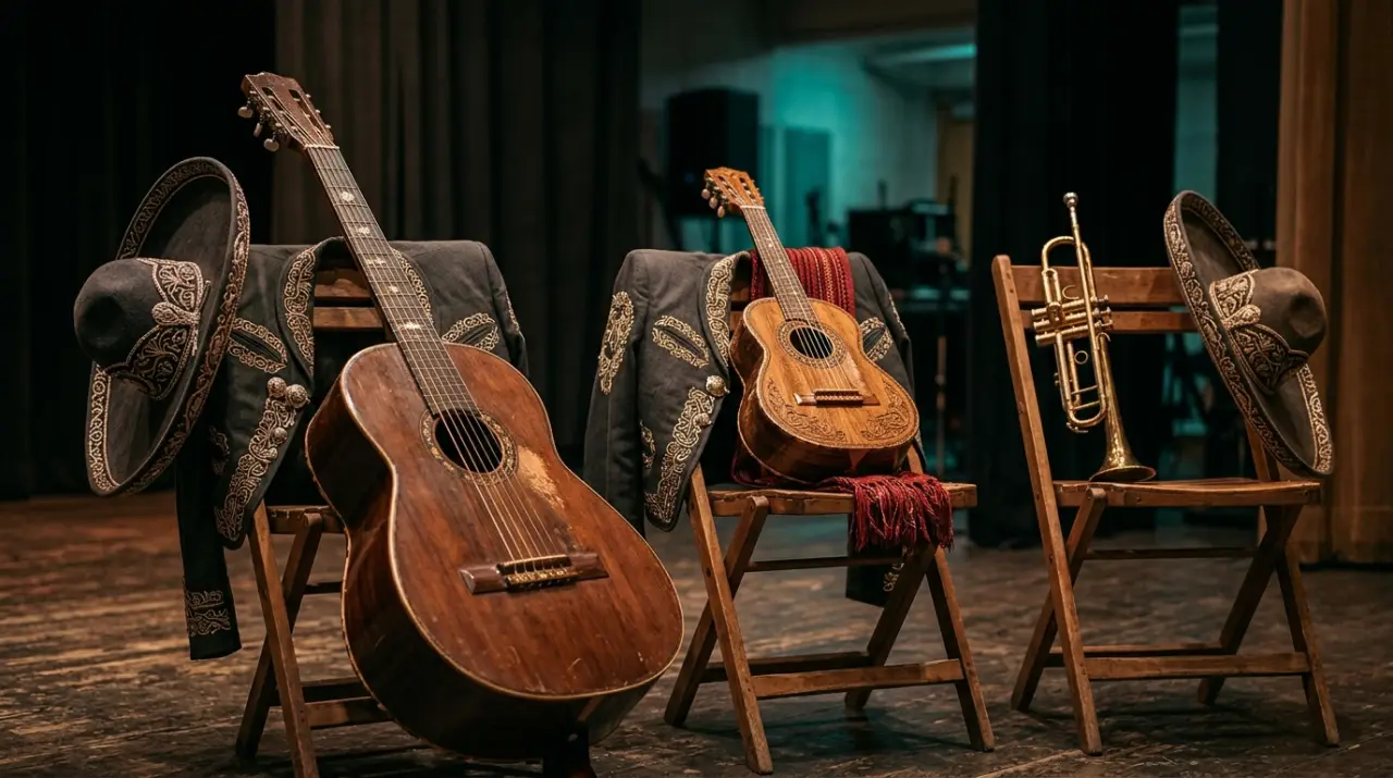 Guitarrón, vihuela y trompeta de mariachi descansando junto a sombreros charros