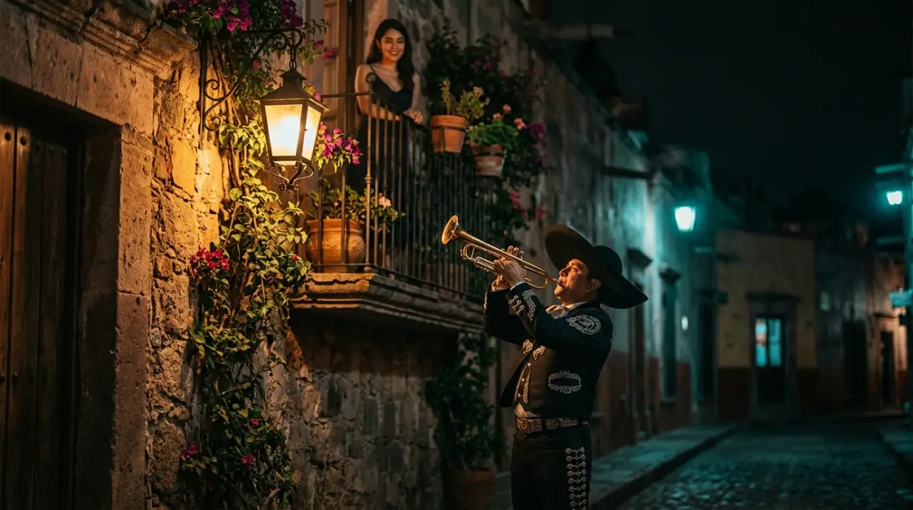 Trompetista de mariachi dando serenata bajo un balcón de noche