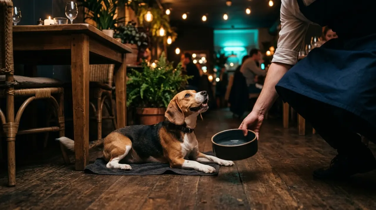 Camarero poniendo un cuenco de agua a un perro tumbado junto a una mesa del restaurante