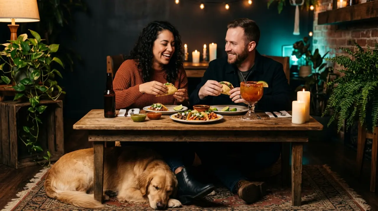 Pareja compartiendo tacos y micheladas con su perro descansando bajo la mesa